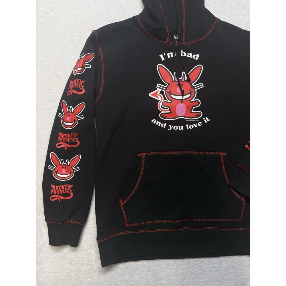 Broken Promises x Happy Bunny I'm Bad Contrast Black Hoodie Woman's Large Pocket - Picture 2 of 16